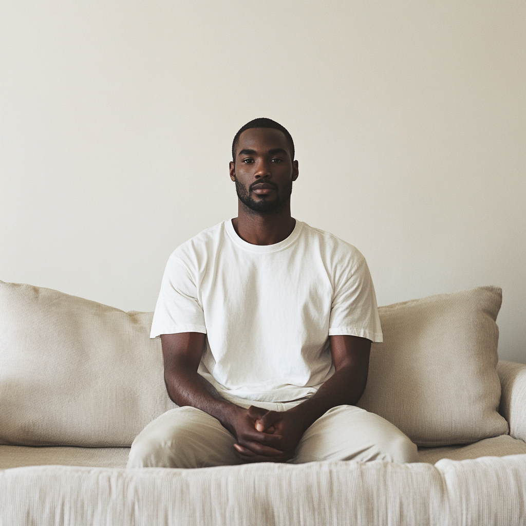 Black model man in white oversized tshirt, standing by sofa.