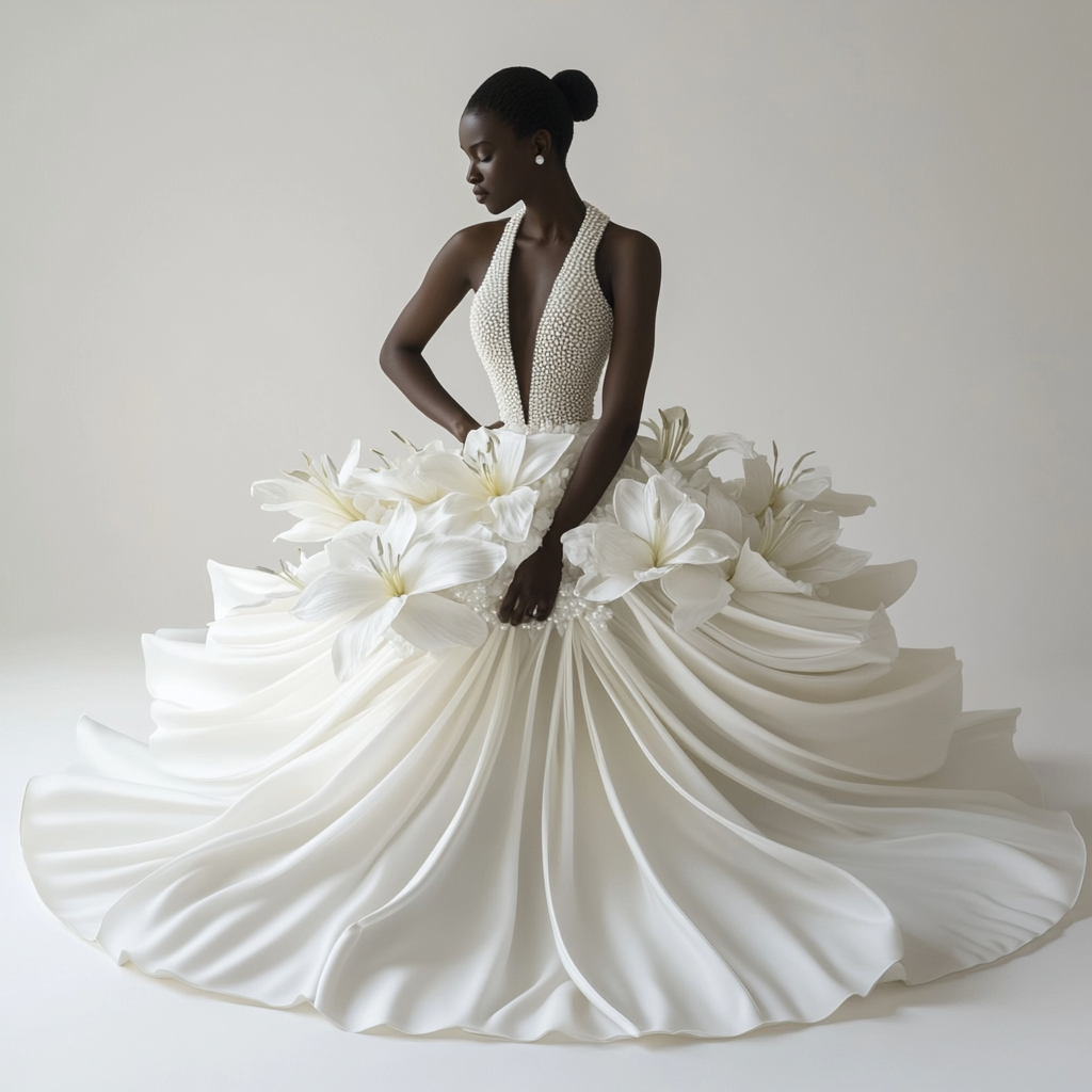 Black model wears minimalist satin ballgown with lily-shaped bodice.