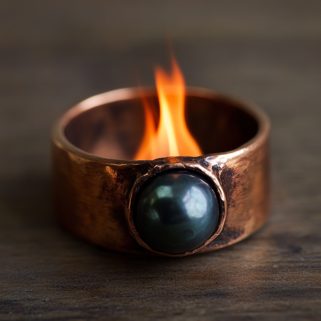 Black pearl on copper ring with intense bursting flame.