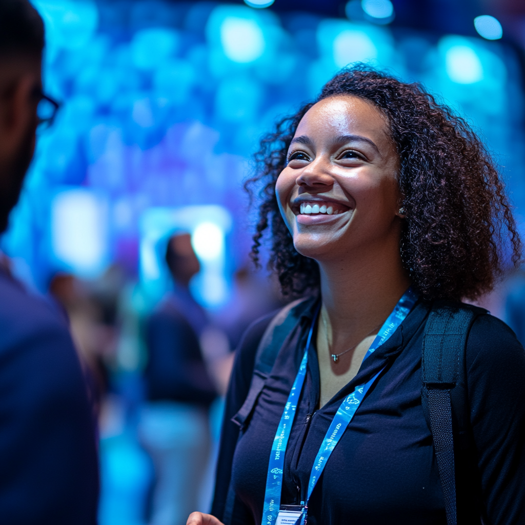 Black queer woman smiling, networking at innovation event.