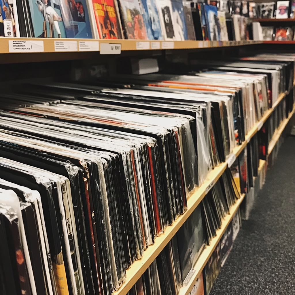 Black record covers on extended store rack from front