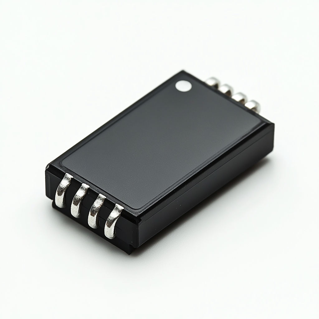 Black rectangular semiconductor component with three curved metal leads.