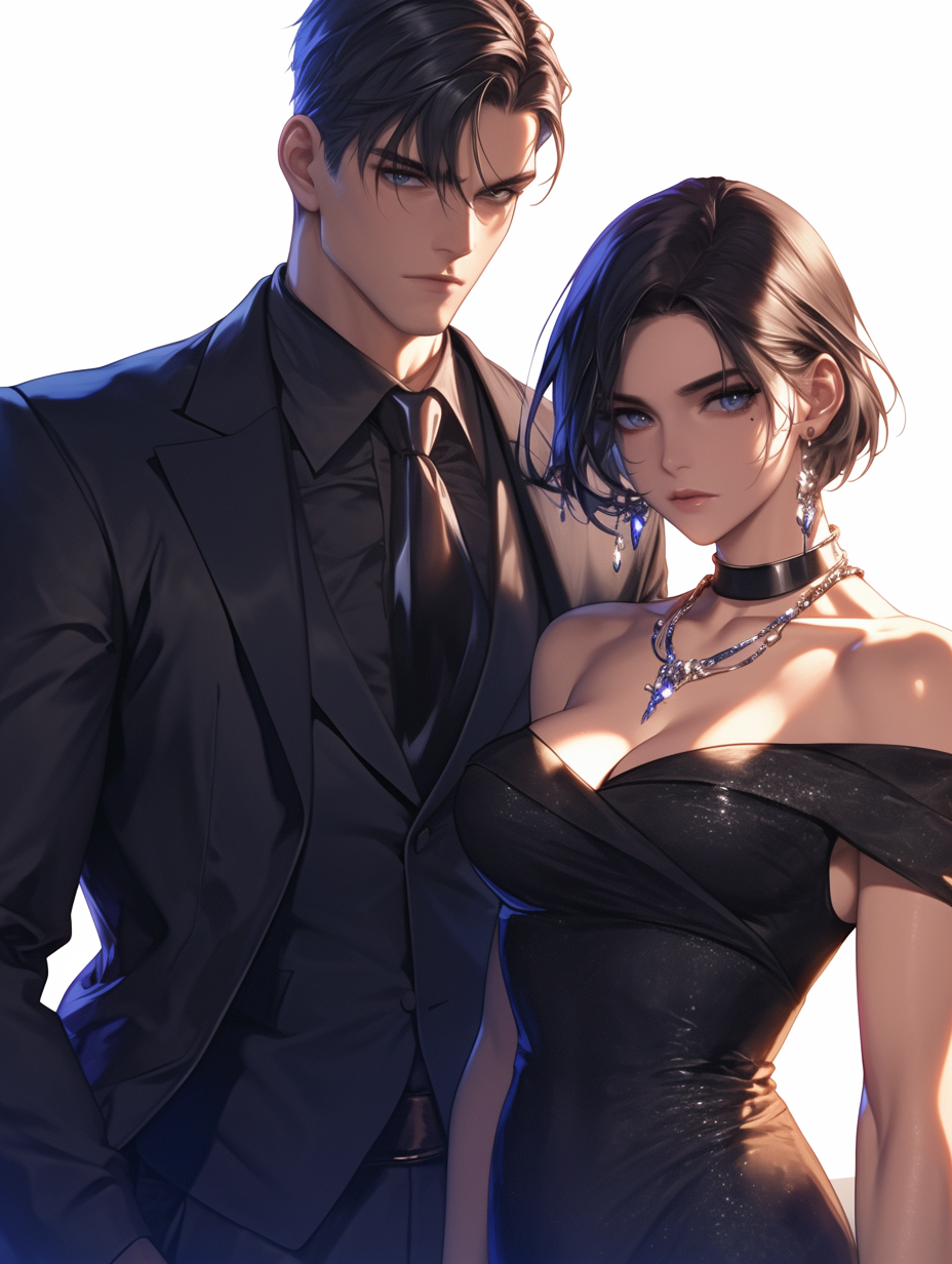 Black short hair couple, gangster style, comic full-body anime.