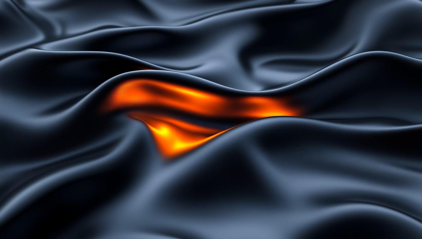 Black silk with orange light reflections, flowing waves, abstract fluid texture.