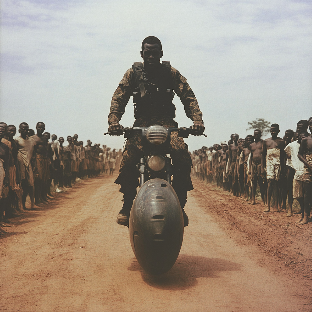 Black soldier on hover bike with colonial people