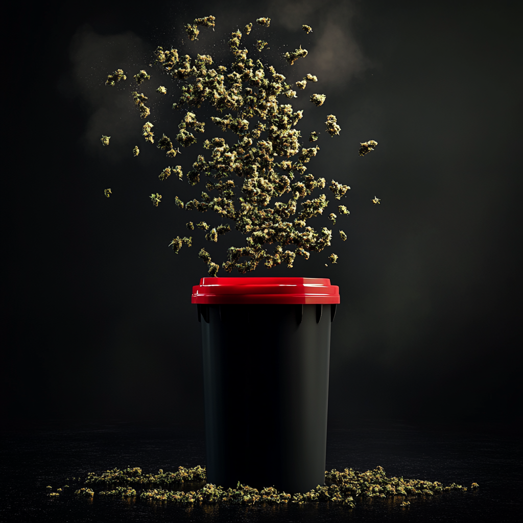 Black storage tote with red lid, cannabis flower 