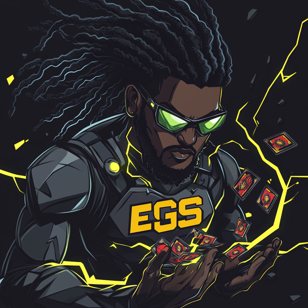 Black superhero with locs breaking sports trading cards power up.