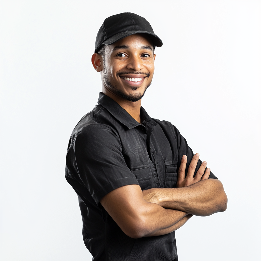 Black technician, 30, smiling, arms crossed, on white background.