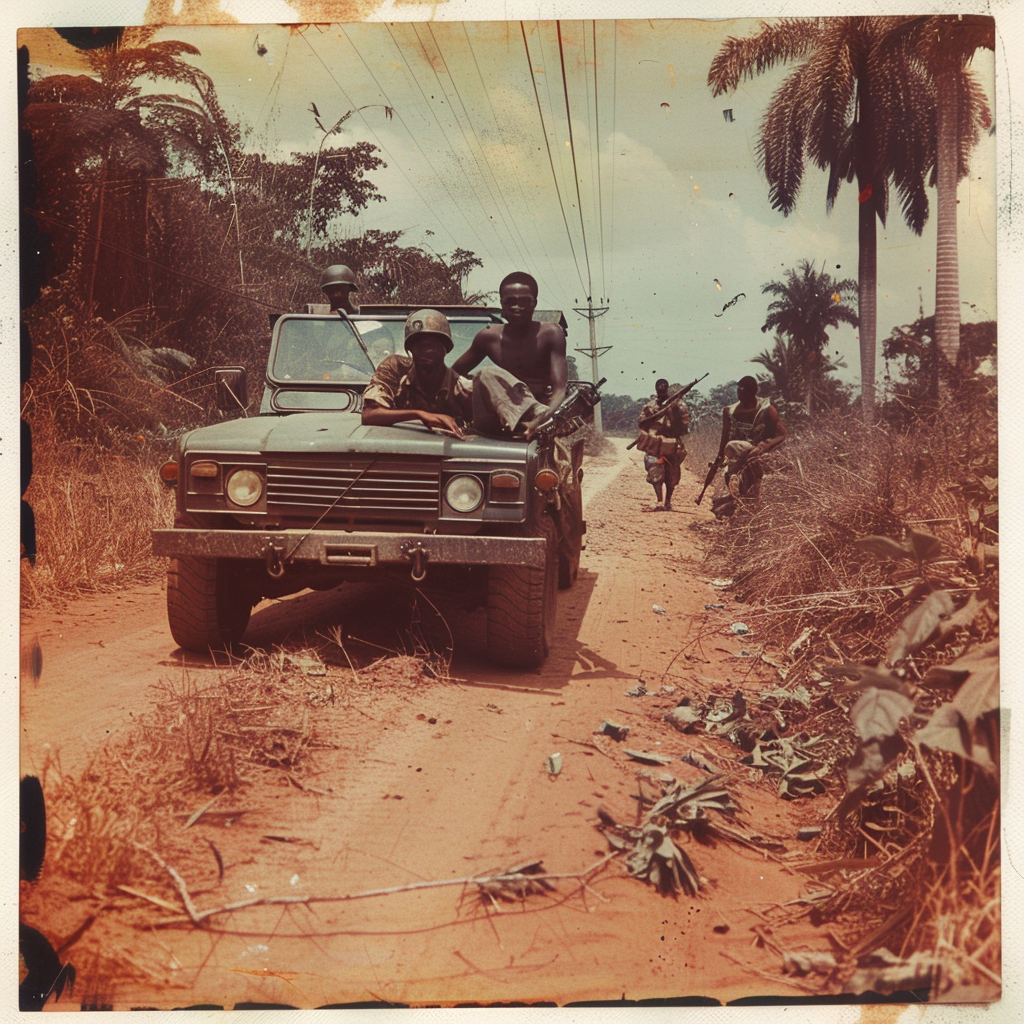 Black teens posing with rifles in jungle during war.