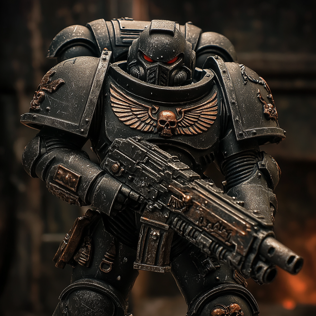 Black templars space marine in gravis armor wielding bolter.