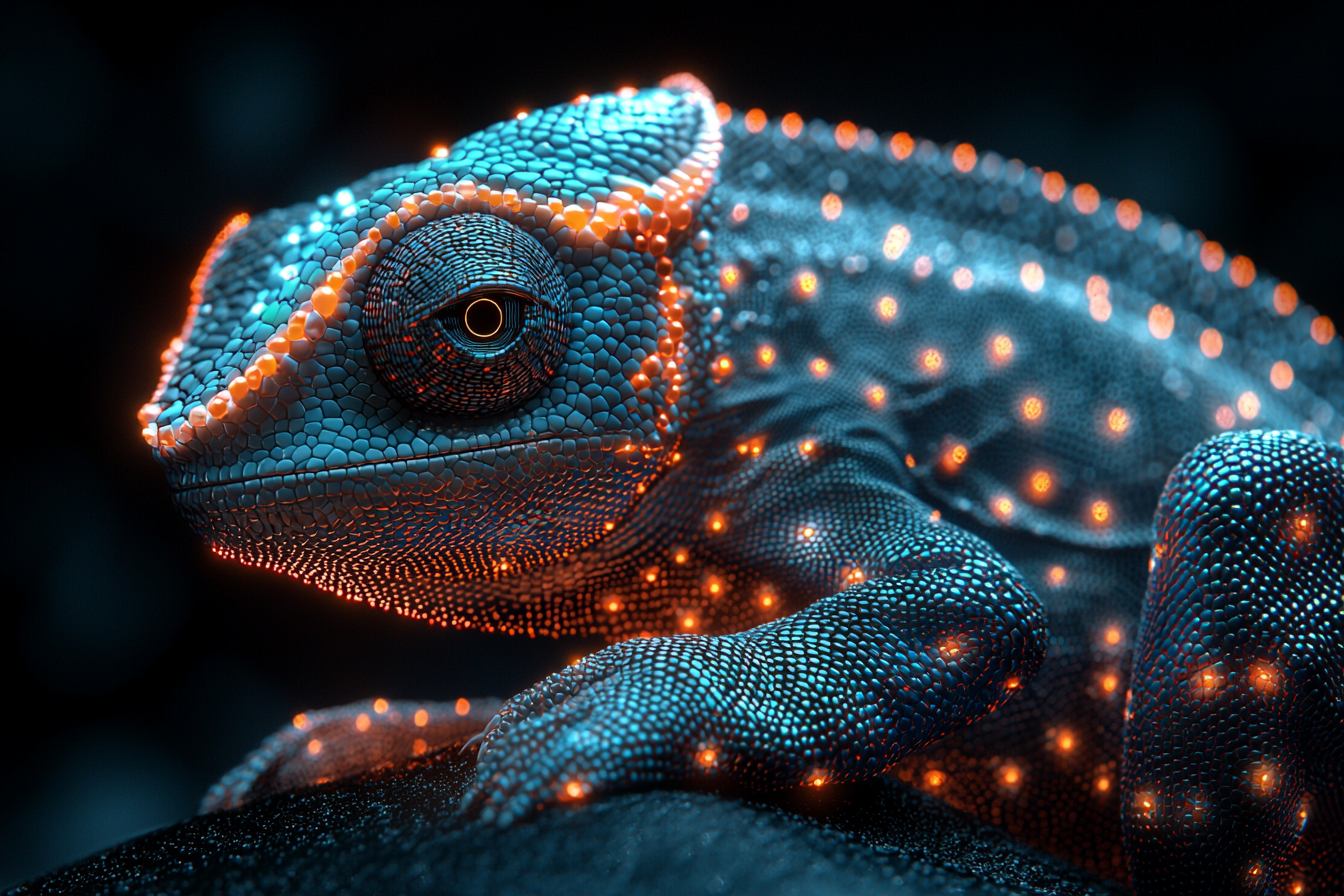 Black void 3D geometric chameleon made of neon fibers.