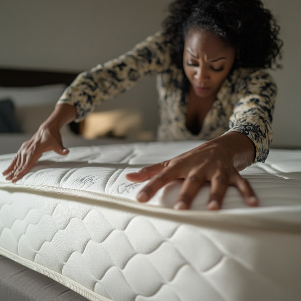 Black woman, housewife, flipping mattress, hands, bedroom background.