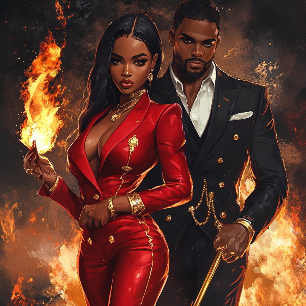 Black woman, red suit, gold flame vs dark black male.