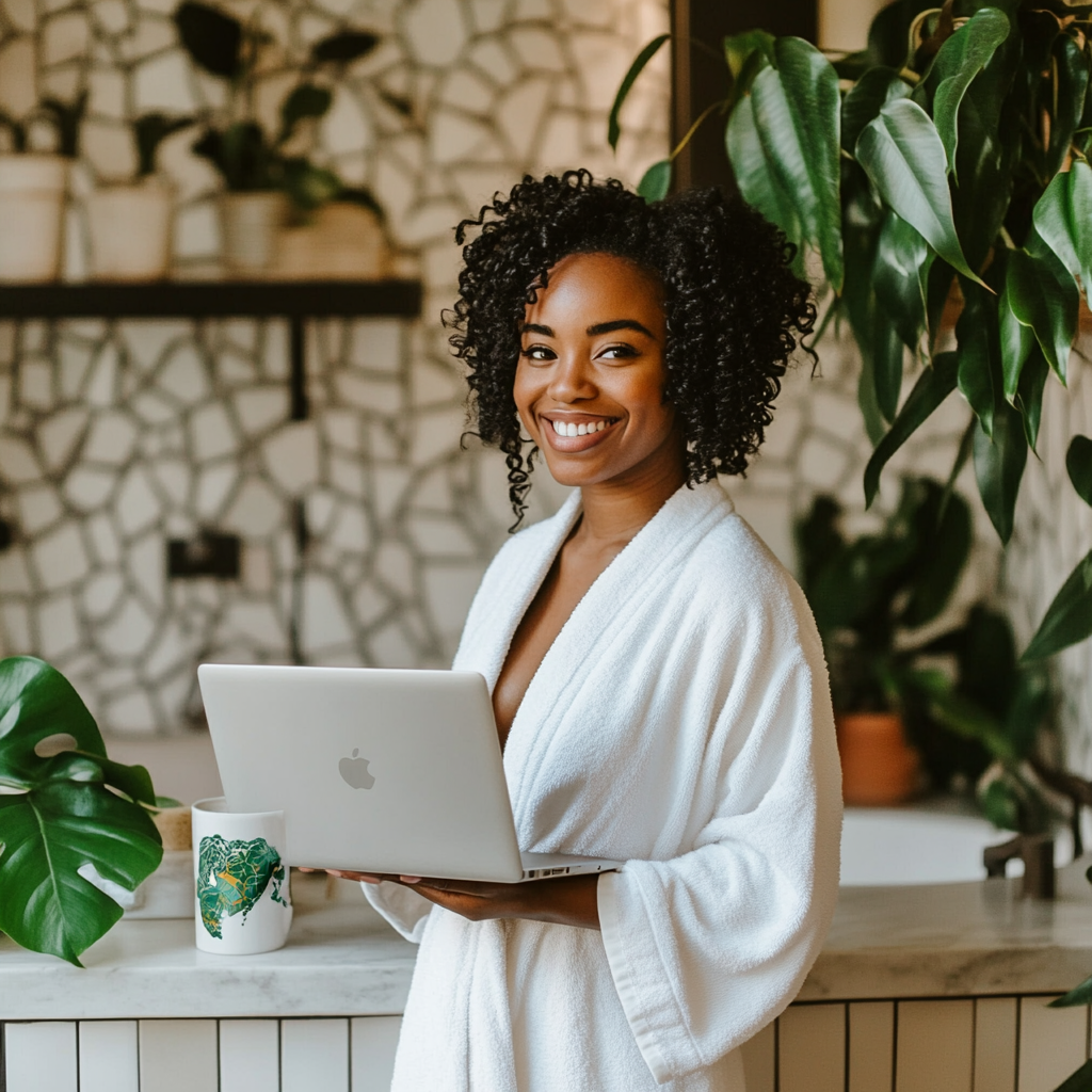 Black woman, white robe, green bathroom, laptop, coffee mug.