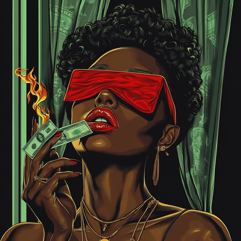 Black woman blindfolded smoking cannabis with money flying