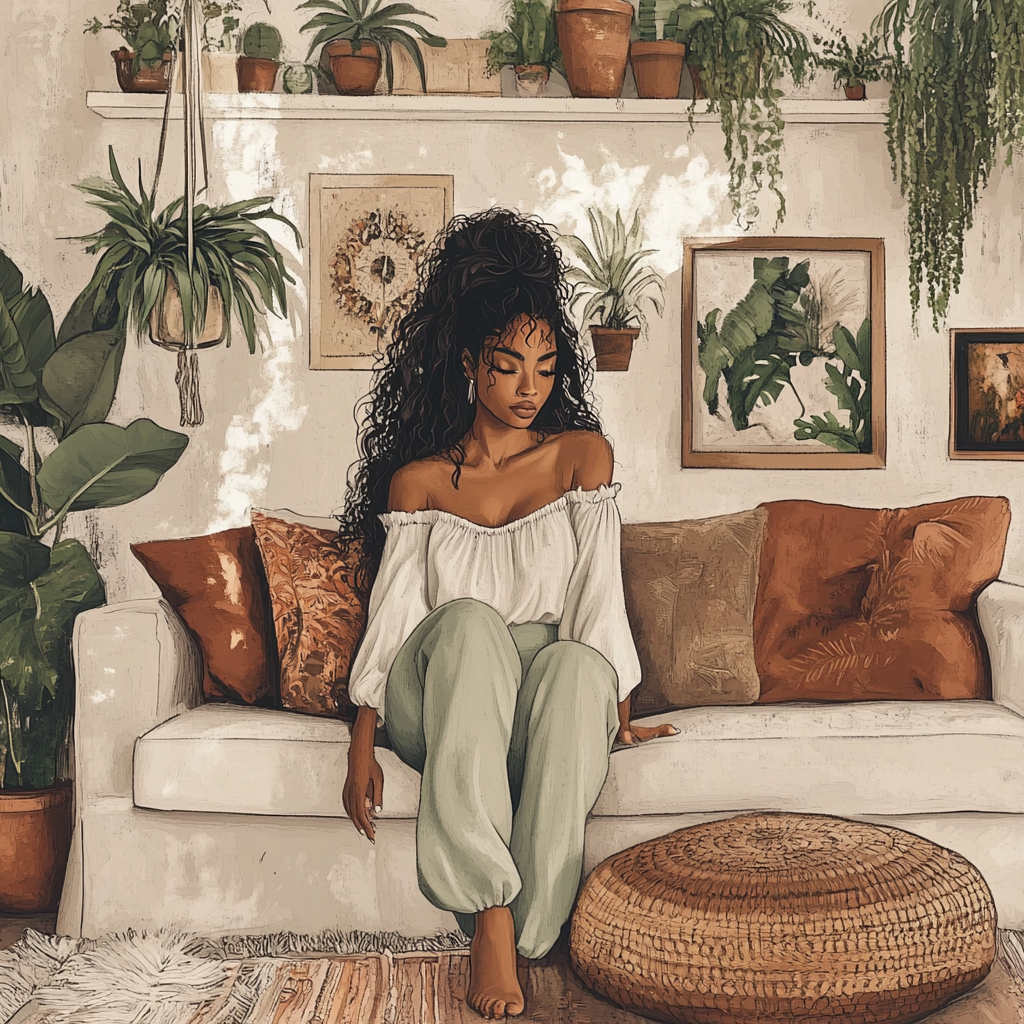 Black woman in cozy living room with plants and warm decor