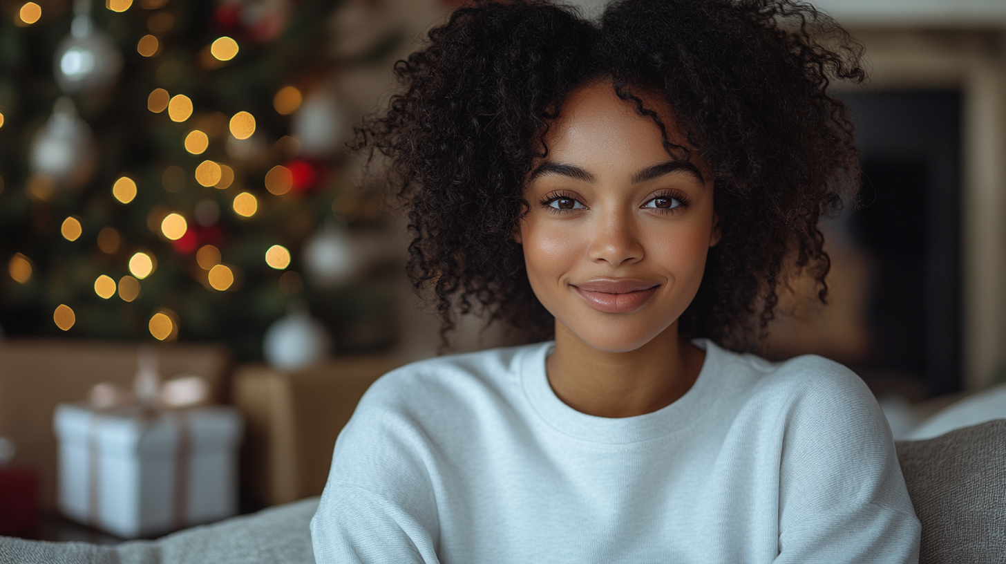 Black woman in gray sweatpants and white t-shirt sitting.