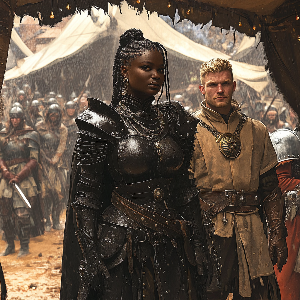 Black woman in plate armor and halfling soldier.