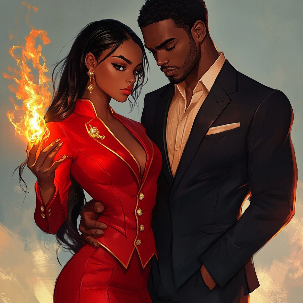 Black woman in red suit holds small fire flame.