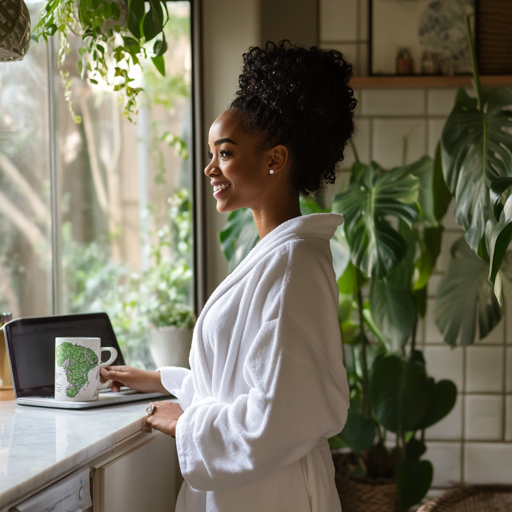 Black woman in white robe smiling in green plant bathroom.