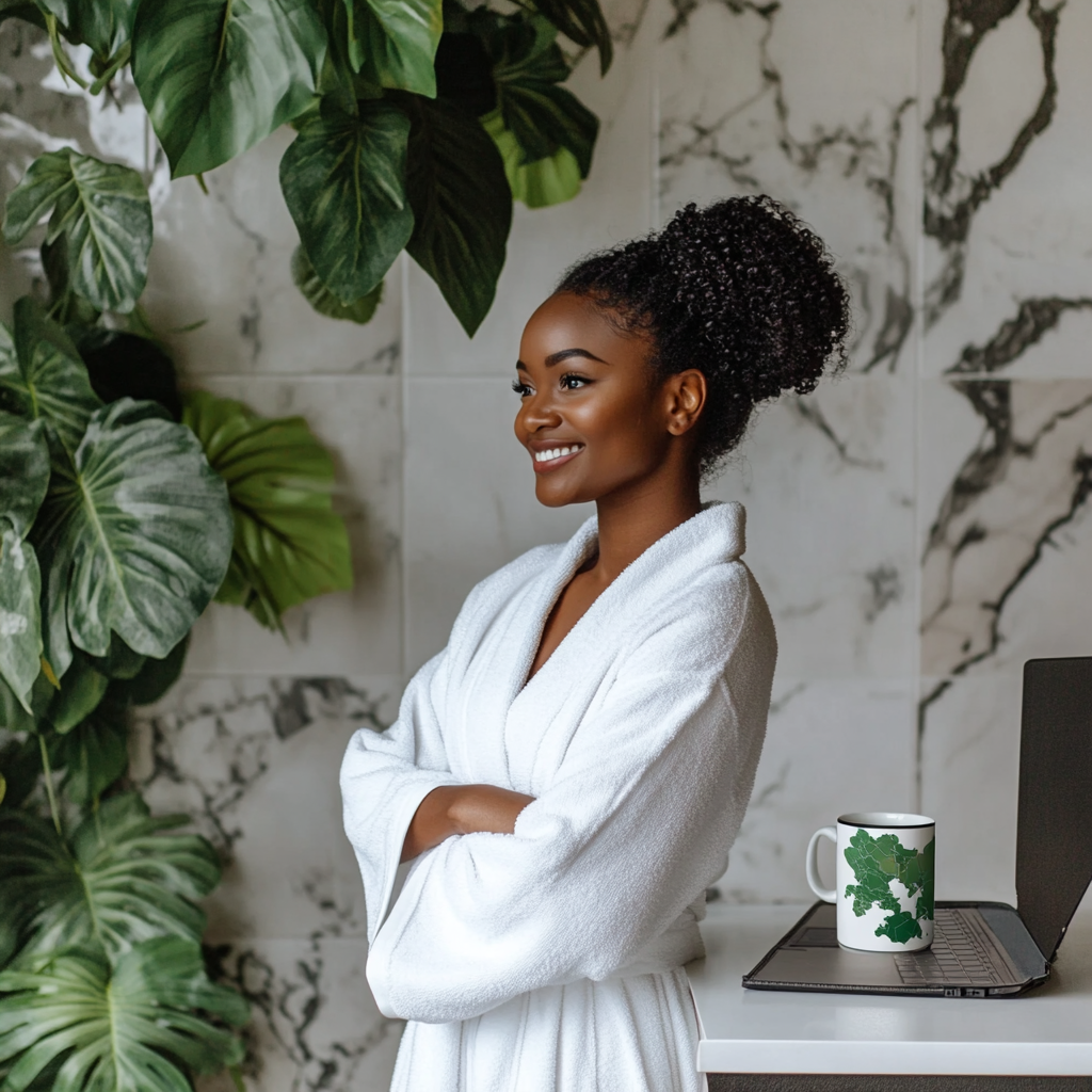 Black woman in white robe smiling in plant-filled bathroom.