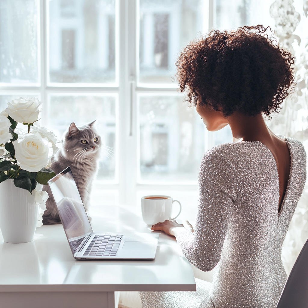 Black woman in white top with laptop, coffee, cat