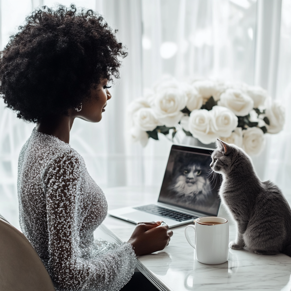 Black woman in white top with laptop, coffee, roses