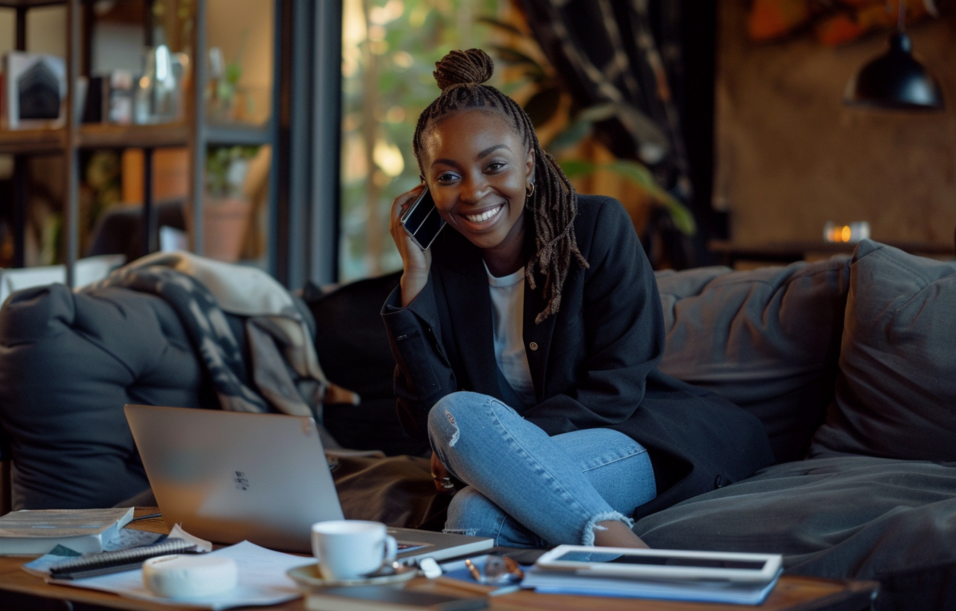 Black woman politician sits on couch, talks and smiles.