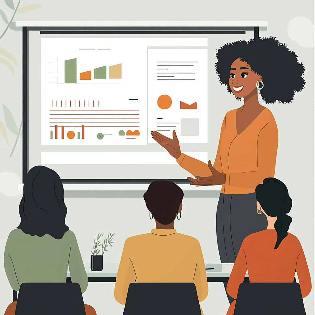 Black woman presenting to diverse colleagues in meeting