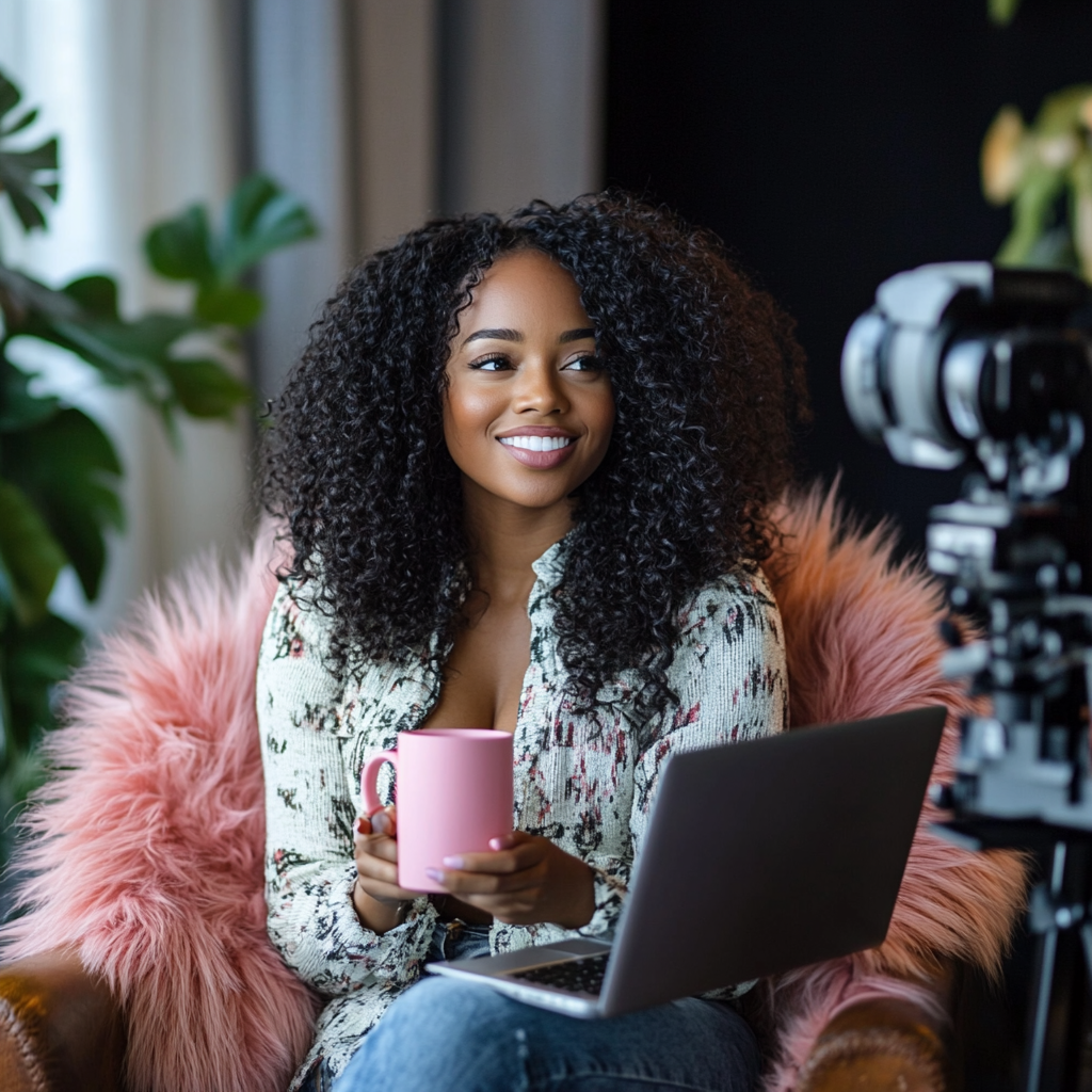 Black woman recording YouTube video with pink mug.