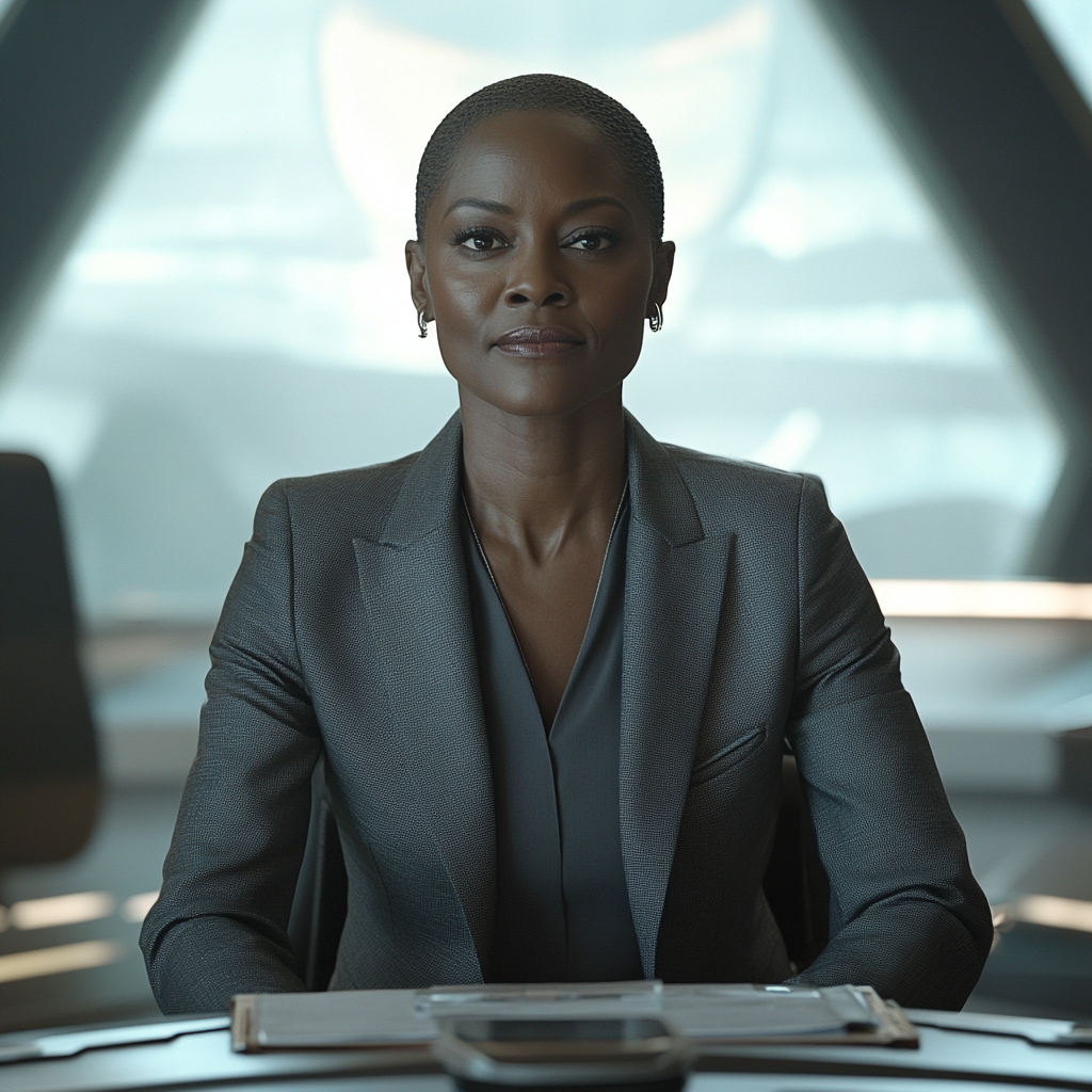 Black woman resembling Viola Davis, in futuristic studio.