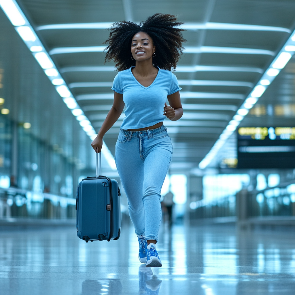 Black woman rushing in airport to catch flight.