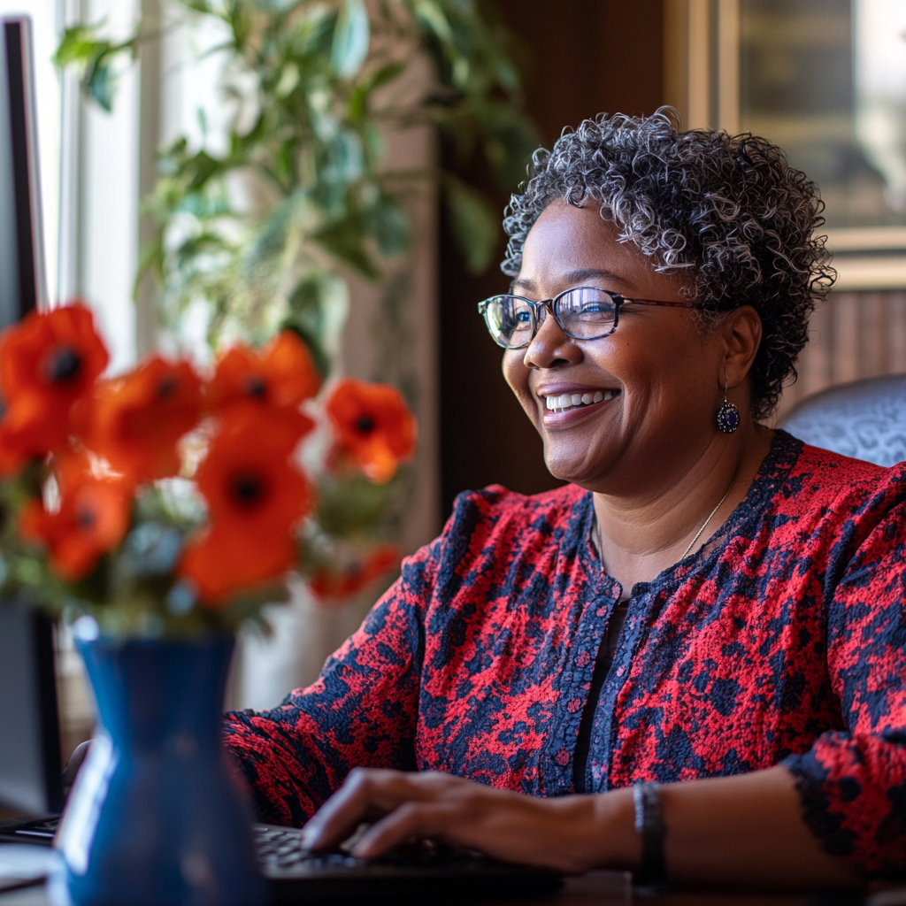 Black woman smiling at virtual meeting, engaging with screen.