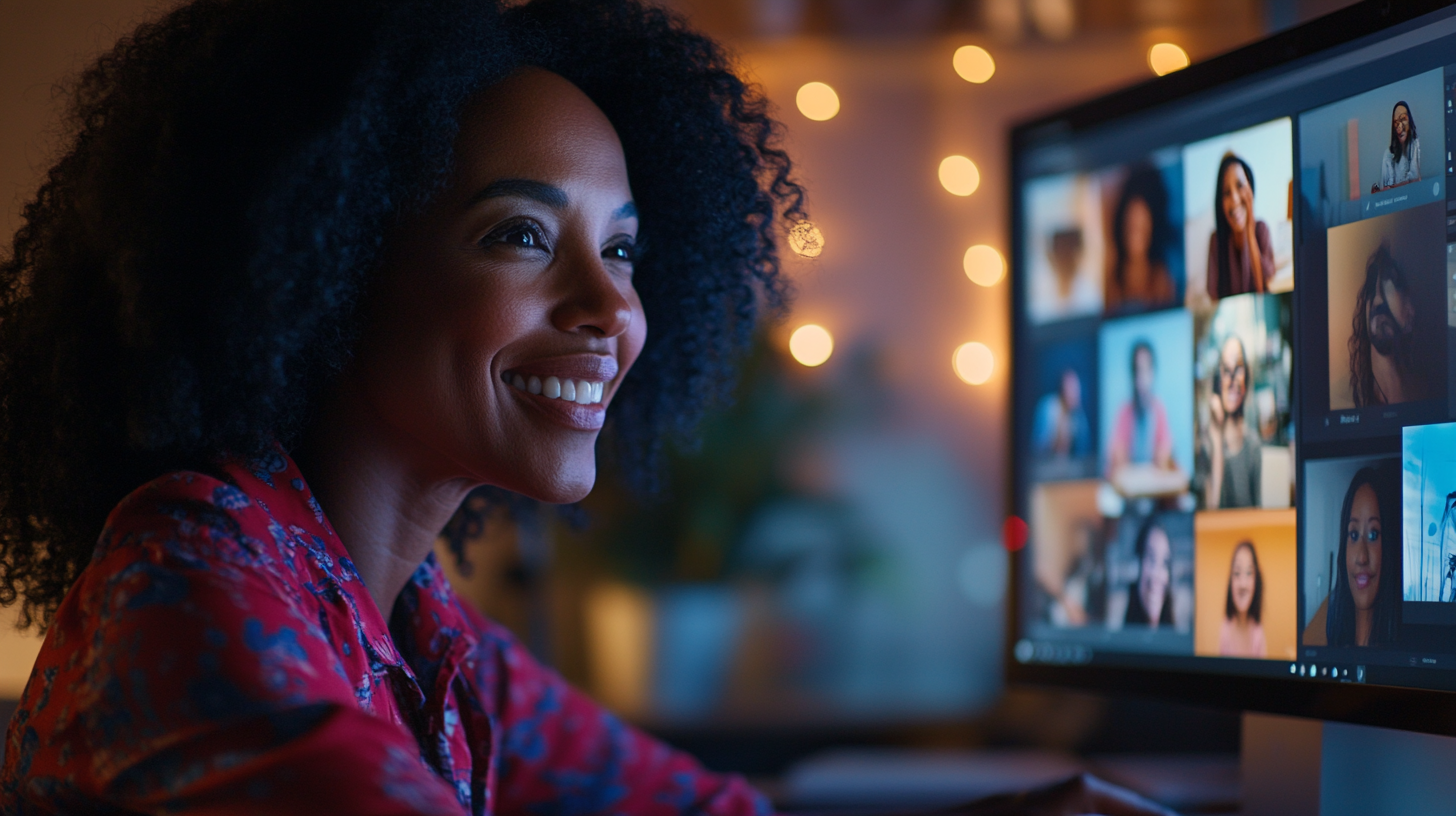 Black woman smiling during online meeting, building community through collaboration.