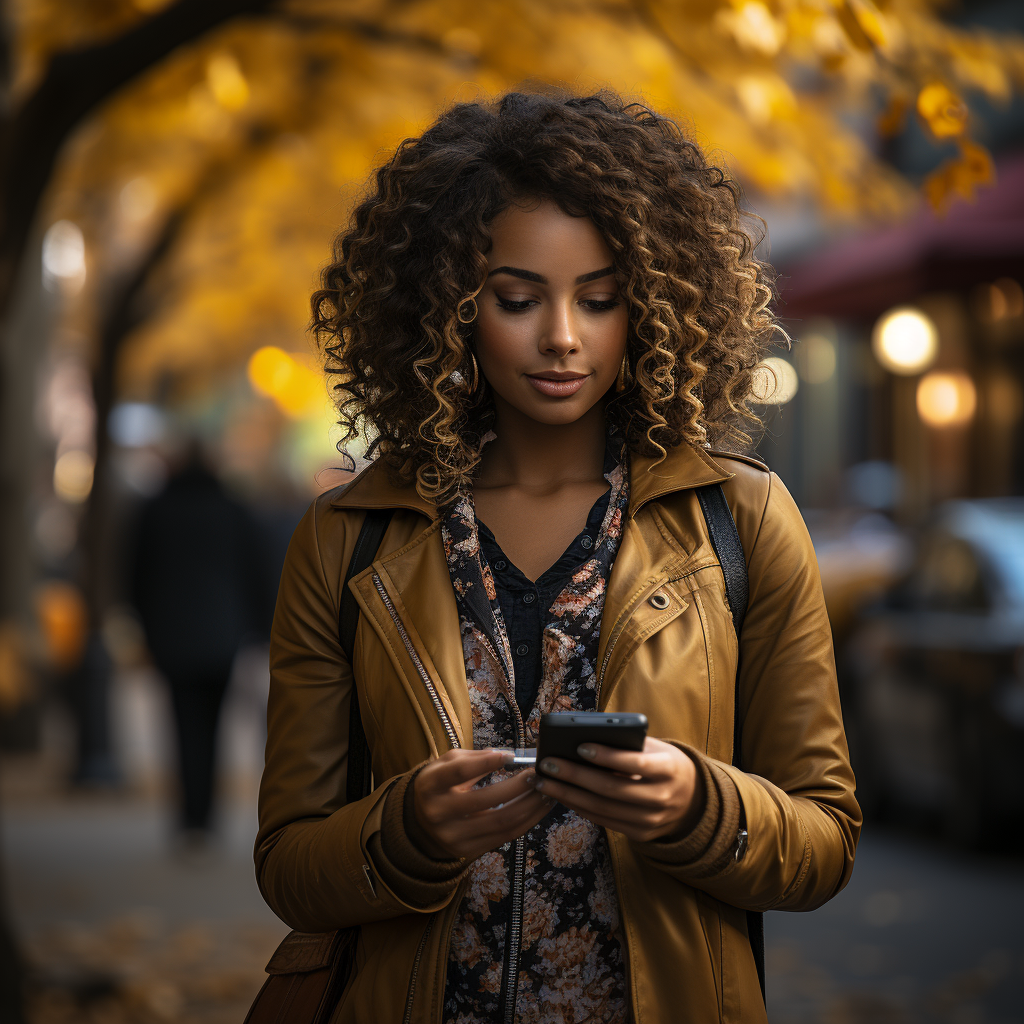 Black woman walks down tree-lined street with fall trees.