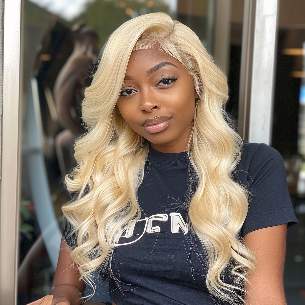 Black woman wearing blonde lace frontal wig, smiling confidently.