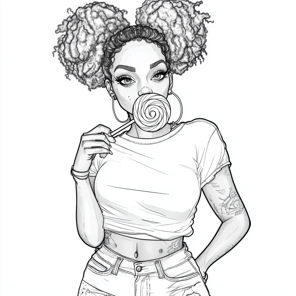 Black woman with Afro puffs eats giant lollipop.