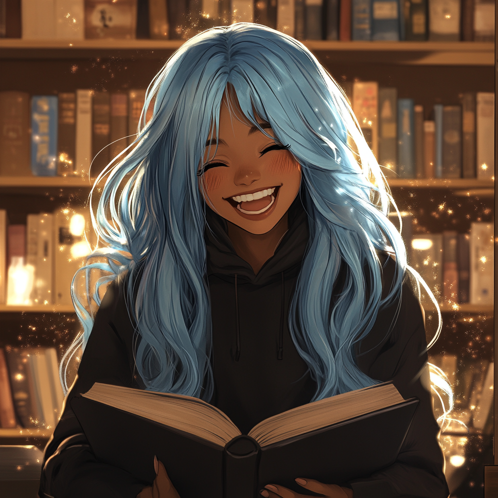 Black woman with blue hair in cozy library, blushing.