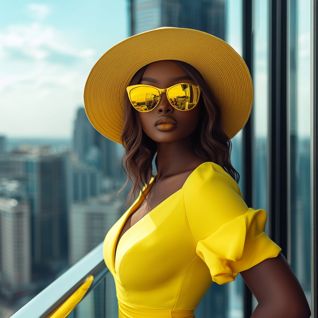 Black woman with brown hair in yellow attire.