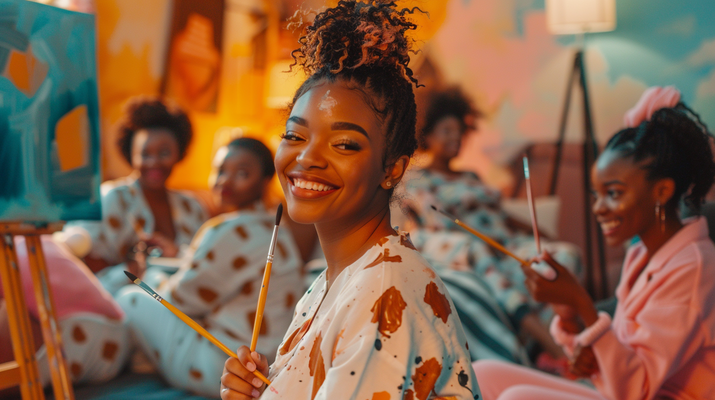 Black women at cozy pajama party painting together joyfully.