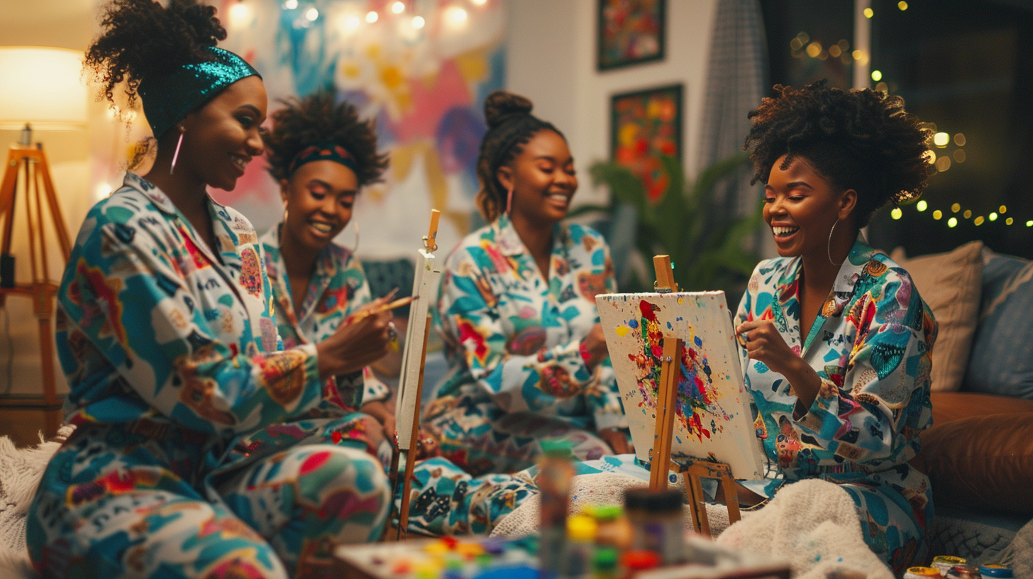 Black women at pajama party painting lively. Room bright with laughter and energy.