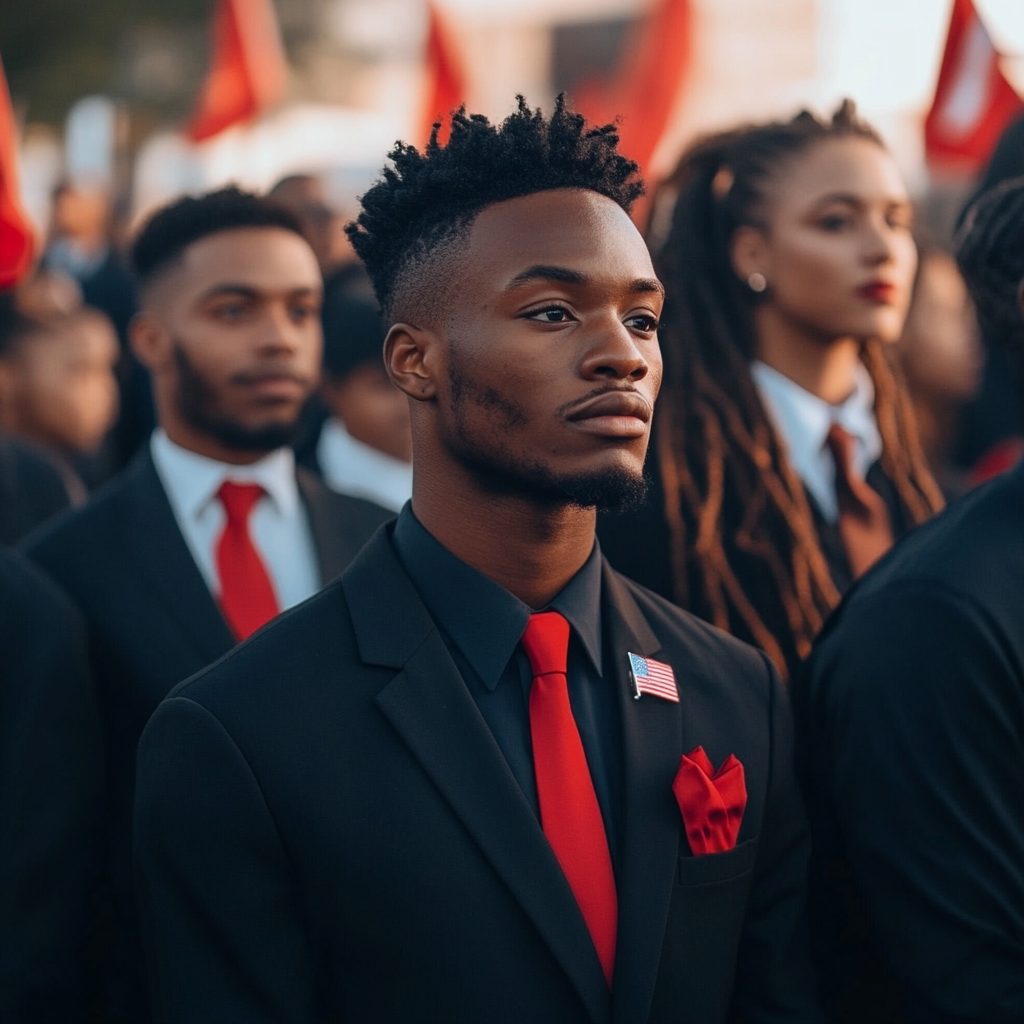 Black workers in US flag-themed hyperealistic photography 