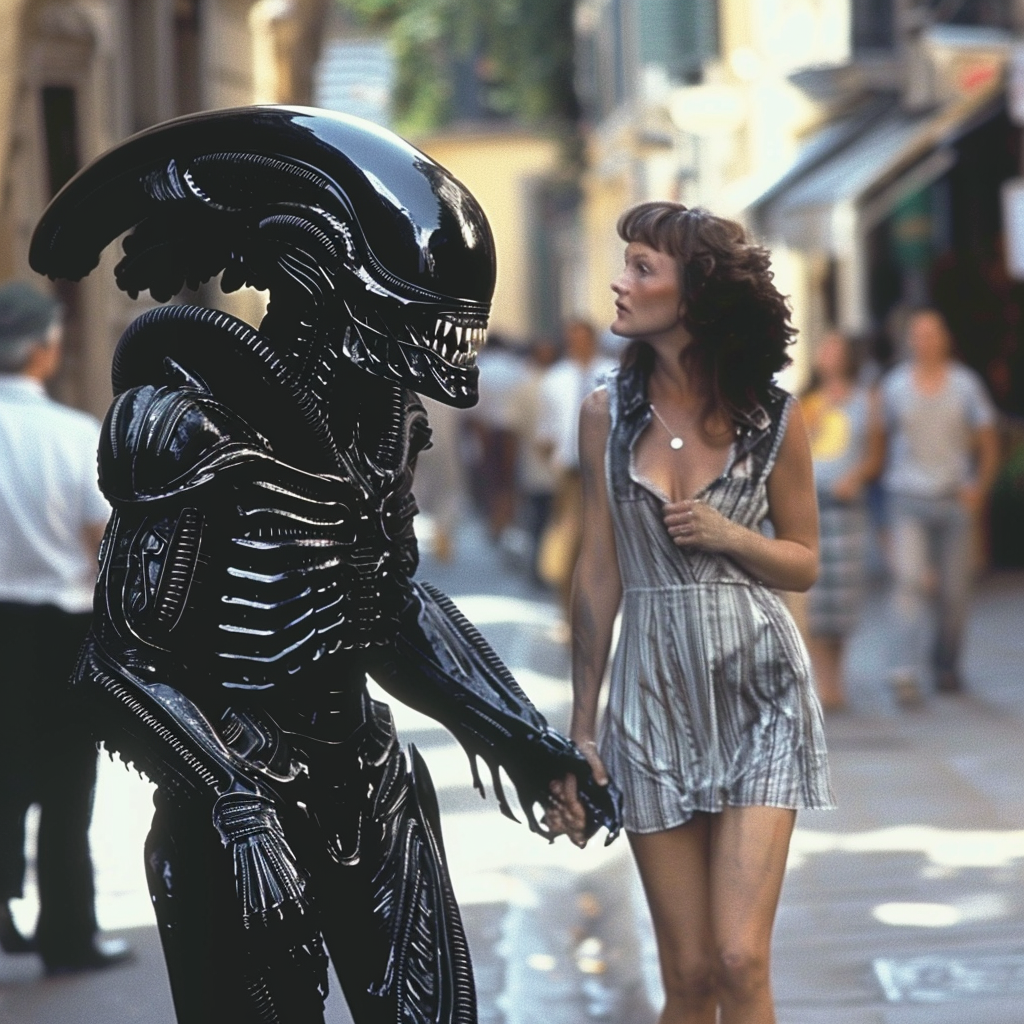 Black xenomorph alien walking, predator alien holds woman's hand.