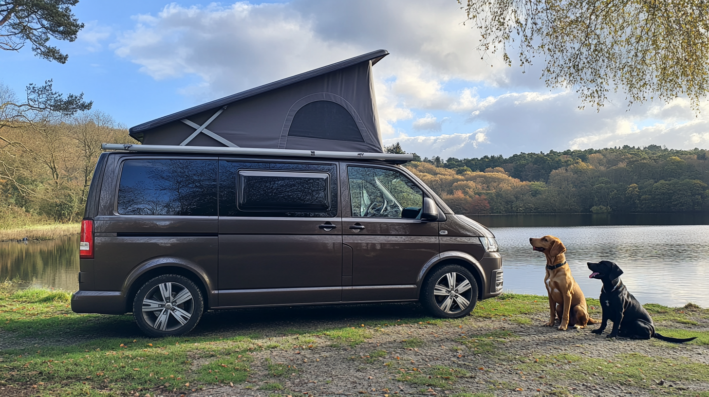 Blackberry Metallic 2014 T5 Transporter Camper Van with Cockapoo and Doberman by Lake