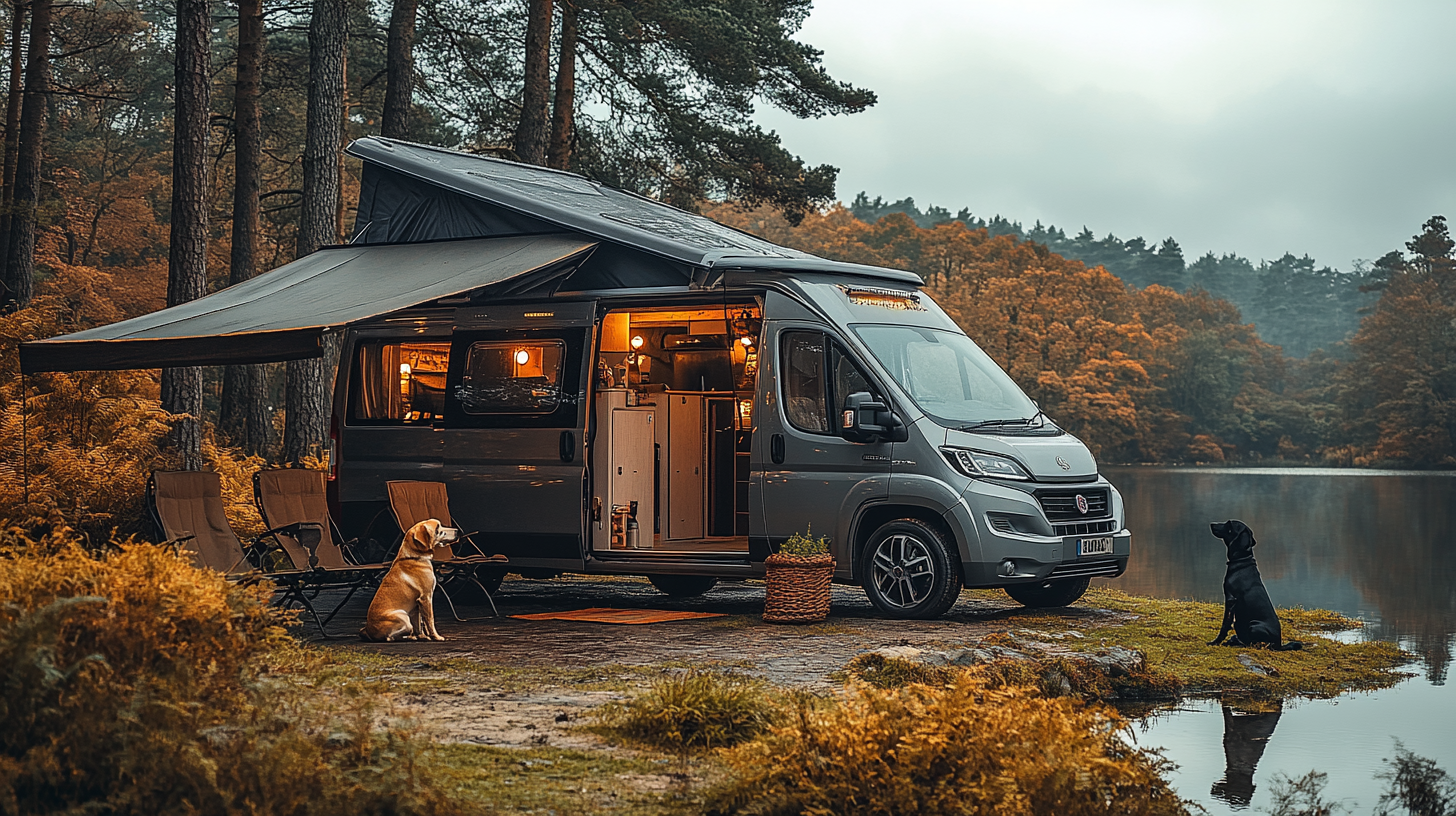 Blackberry Metallic T5 Camper Van with Dogs Lakeside