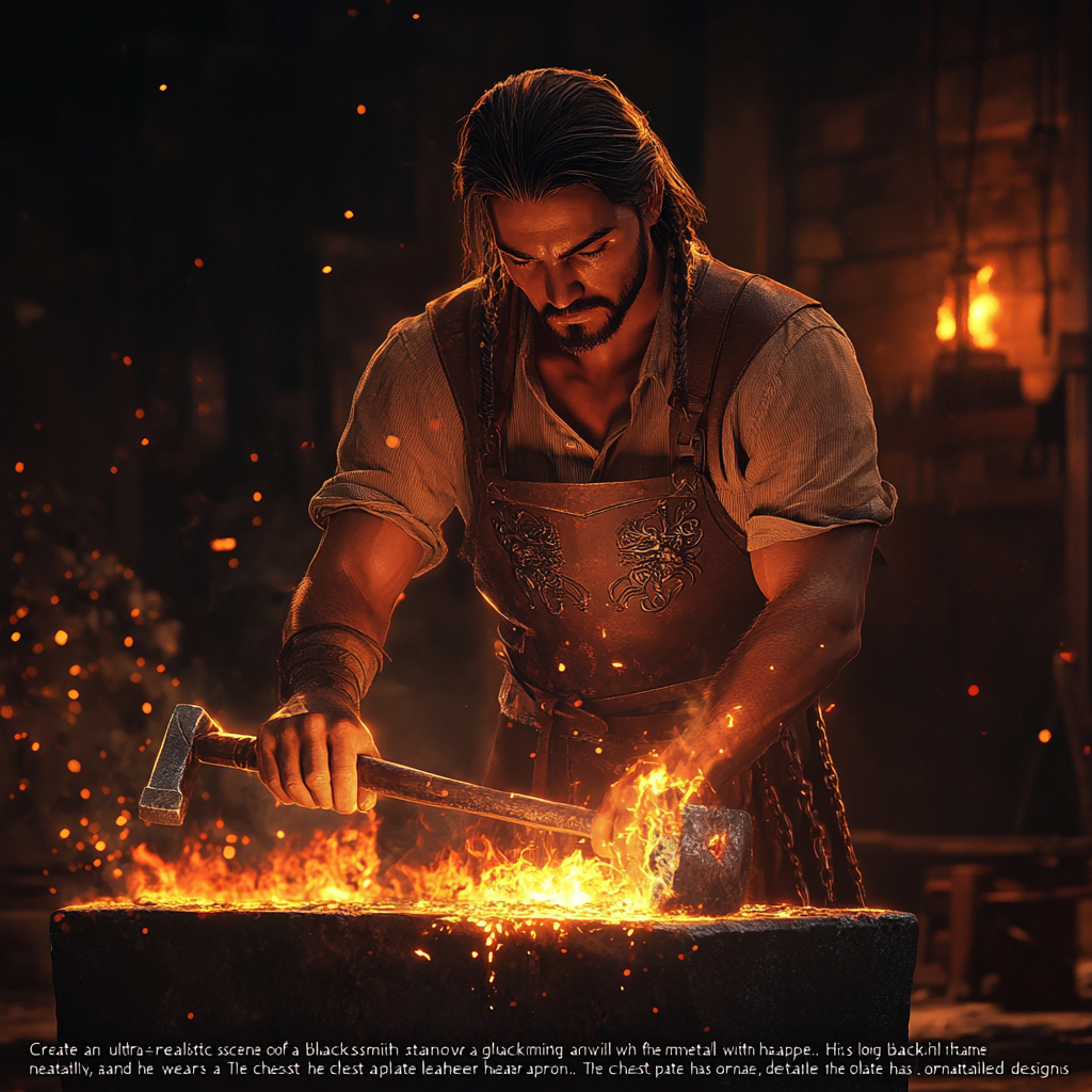 Blacksmith at glowing anvil hammers metal with fire.