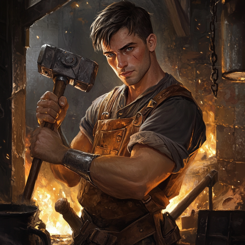 Blacksmith with clockwork arms holding large hammer in forge.