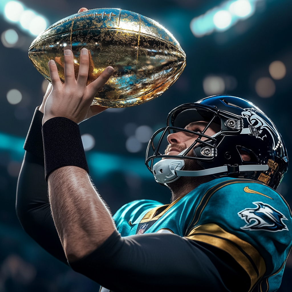 Blake Bortles holding trophy after winning super bowl