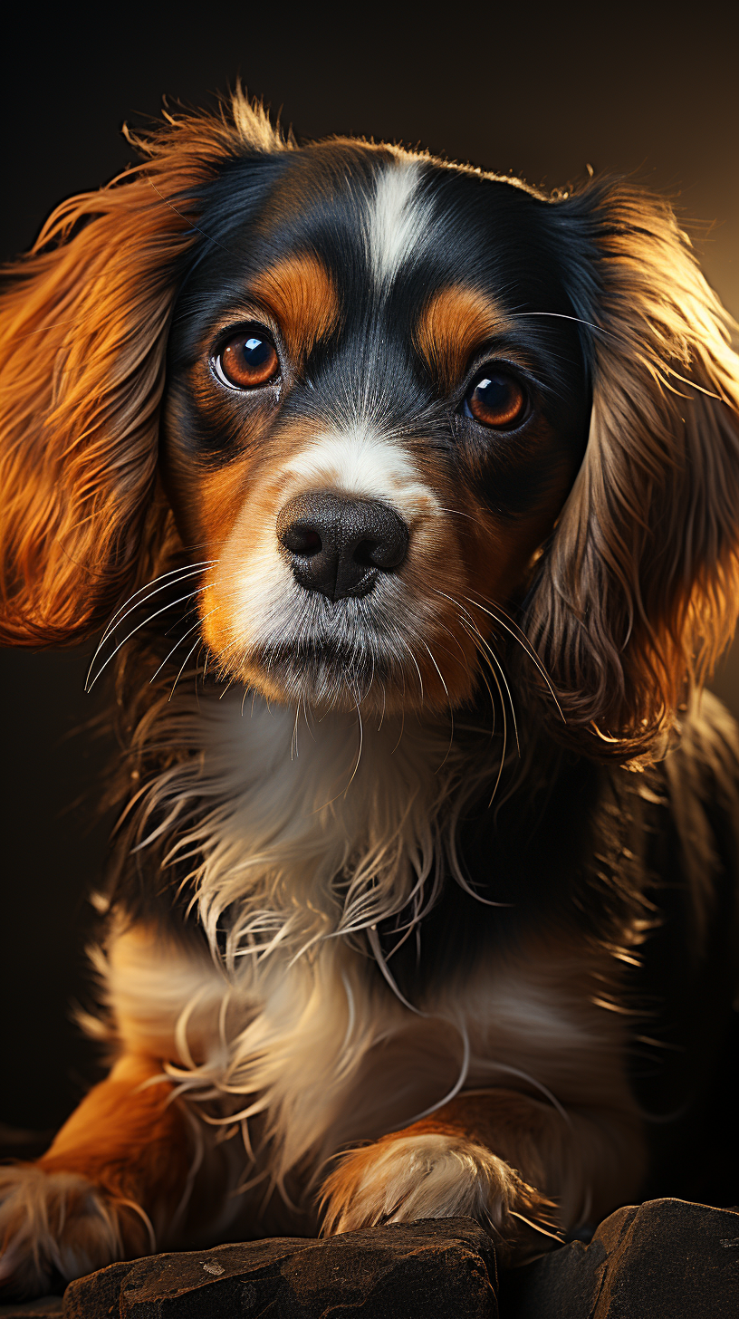 Blenheim Cavalier King Charles Spaniel puppy with dramatic lighting.