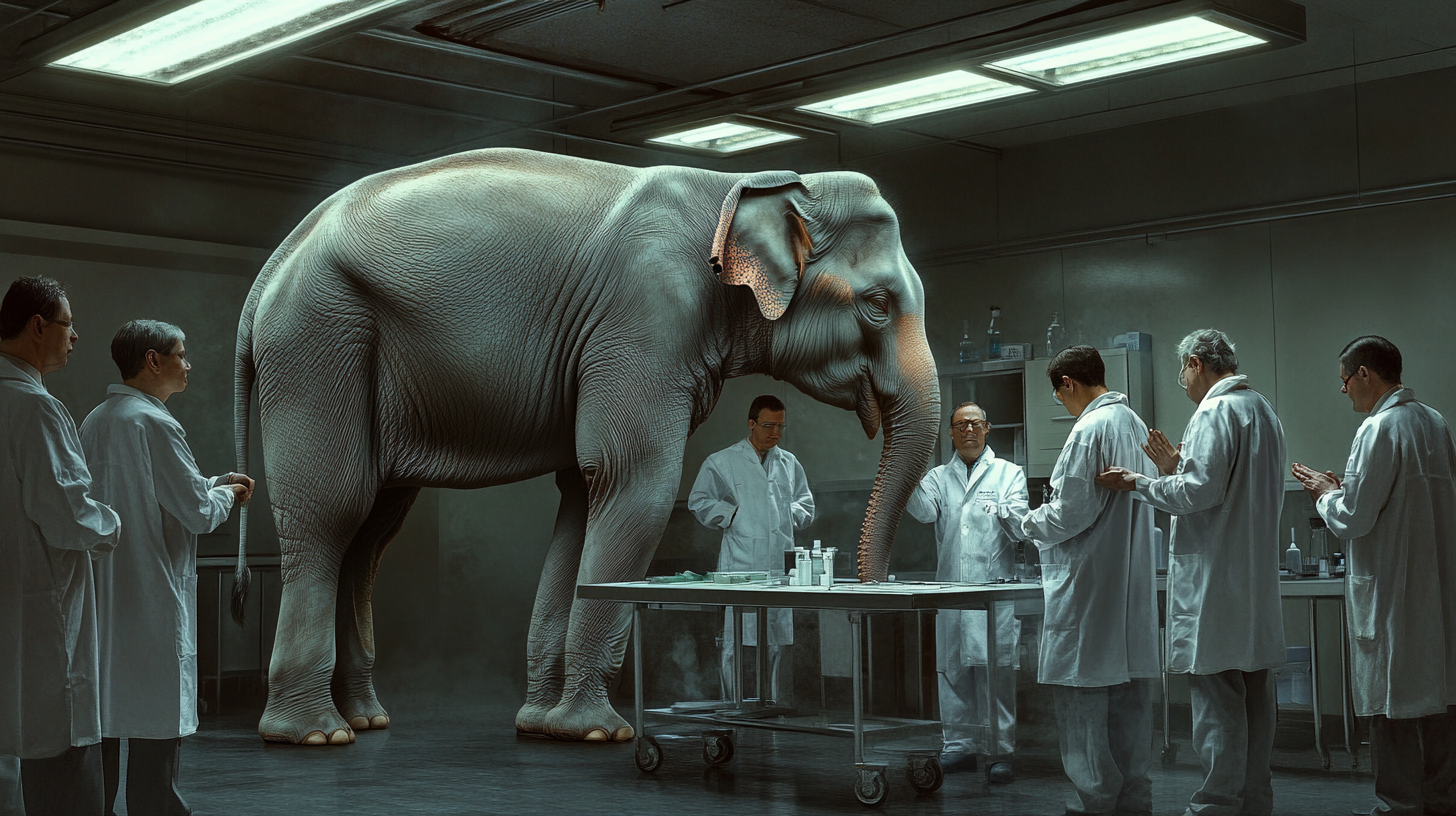 Blind Doctors Examining an Elephant in Lab